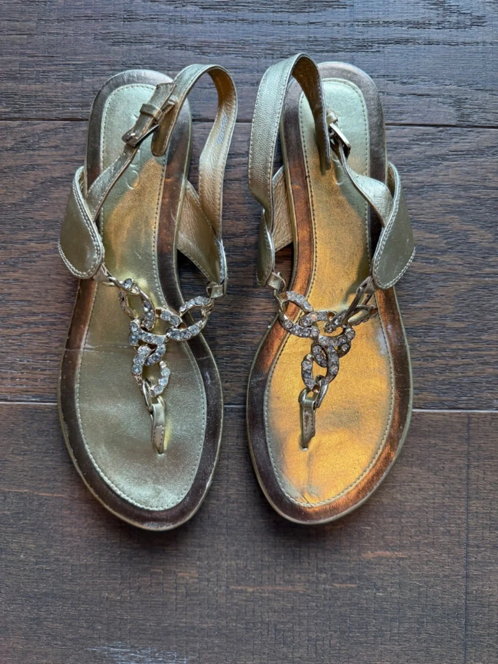 ALDO Gold Rhinestone Chain T-Strap Sandals Size 38